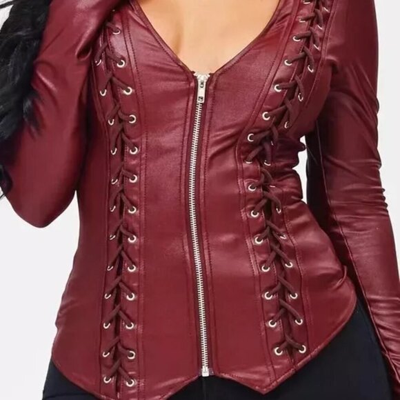 Faux Leather Lace Up Fitted Zip Front Long Sleeve Jacket Burgundy Juniors Small - Picture 5 of 6